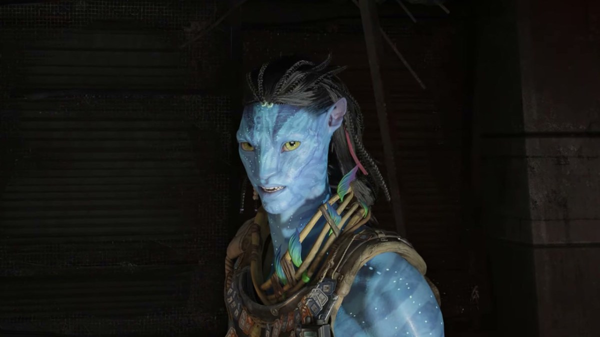 A blue Na'vi, with braids and neckwear woven from vines in Avatar: Frontiers of Pandora.