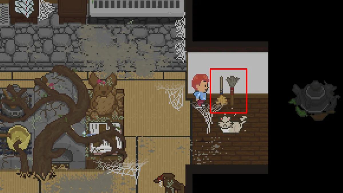 A pixel-art figure next to a pair of brooms. This image is part of an article about how to clean your bathhouse in Spirittea.