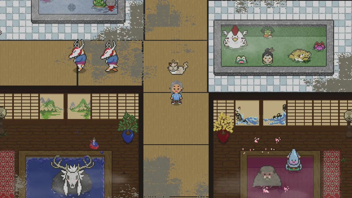 A pixel character standing inside a dusty bathhouse with strange creatures around.