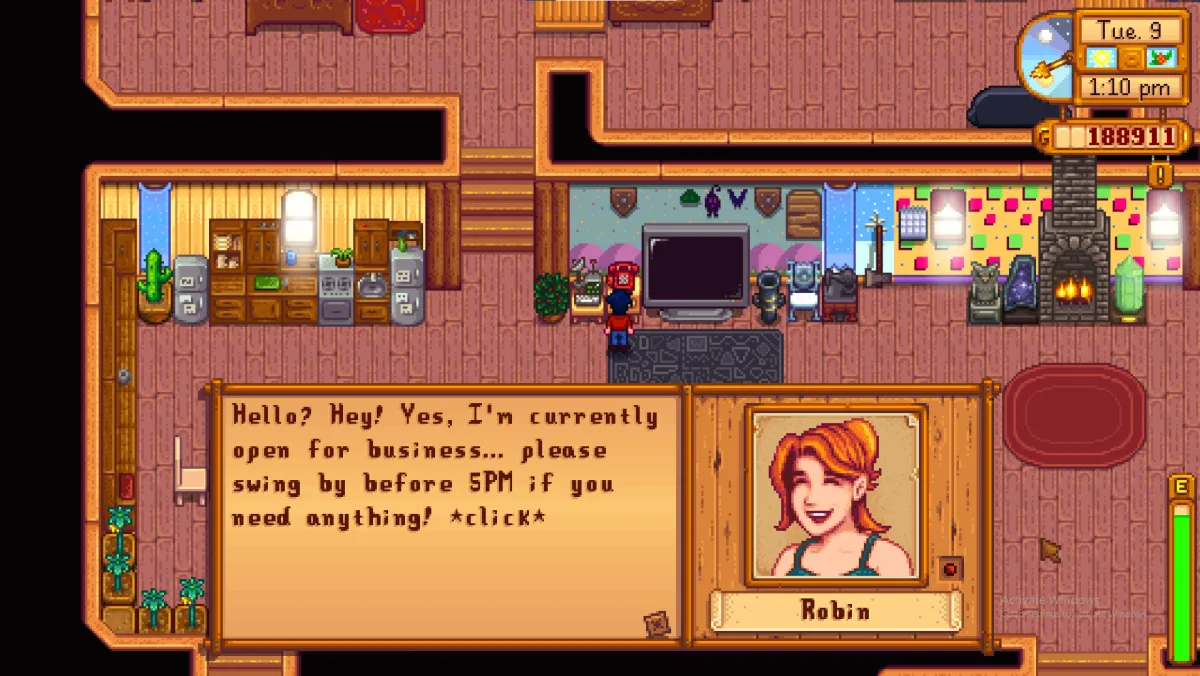 Robin laughing in Stardew Valley.