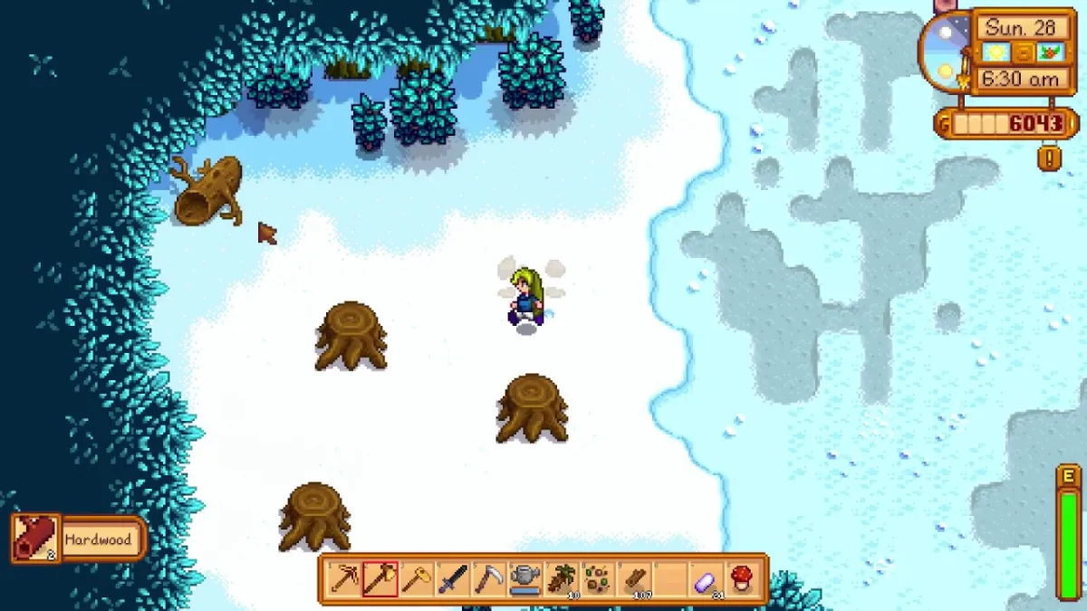 A player in the forest in Stardew Valley. This image is part of an article about how to get Hardwood in Stardew Valley.