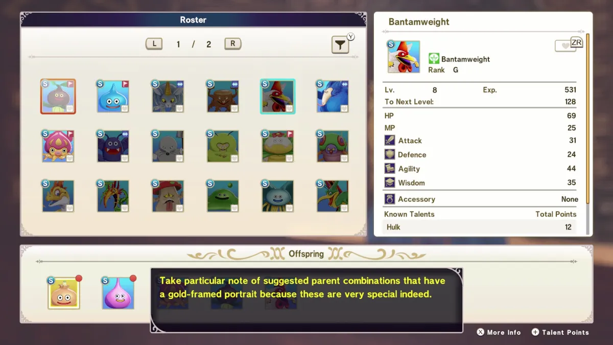 На этом изображении показан экран Синтеза в Dragon Quest Monsters: The Dark Prince.