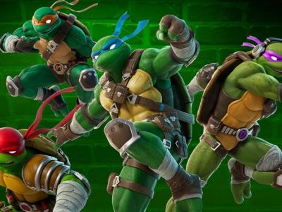 The Teenage Mutant Ninja Turtles in Fortnite. This image is part of an article about how to unlock the TMNT Super Shredder skin in Fortnite.