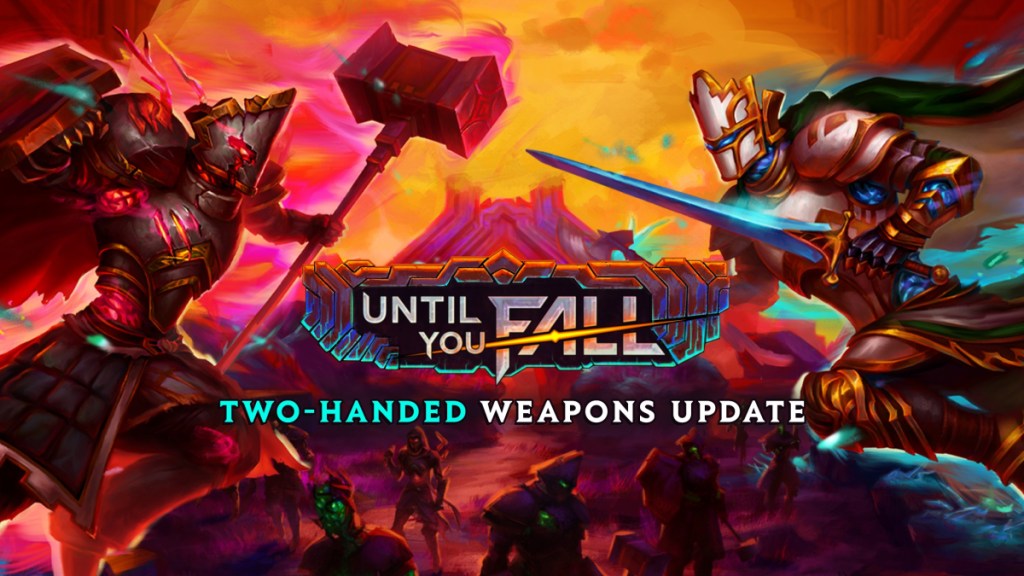 A header-sized image for Until You Fall showing a man with a hammer about to face off with a man with a sword over a logo for the game. The image is part of an article on the best fitness games for the Meta Quest.