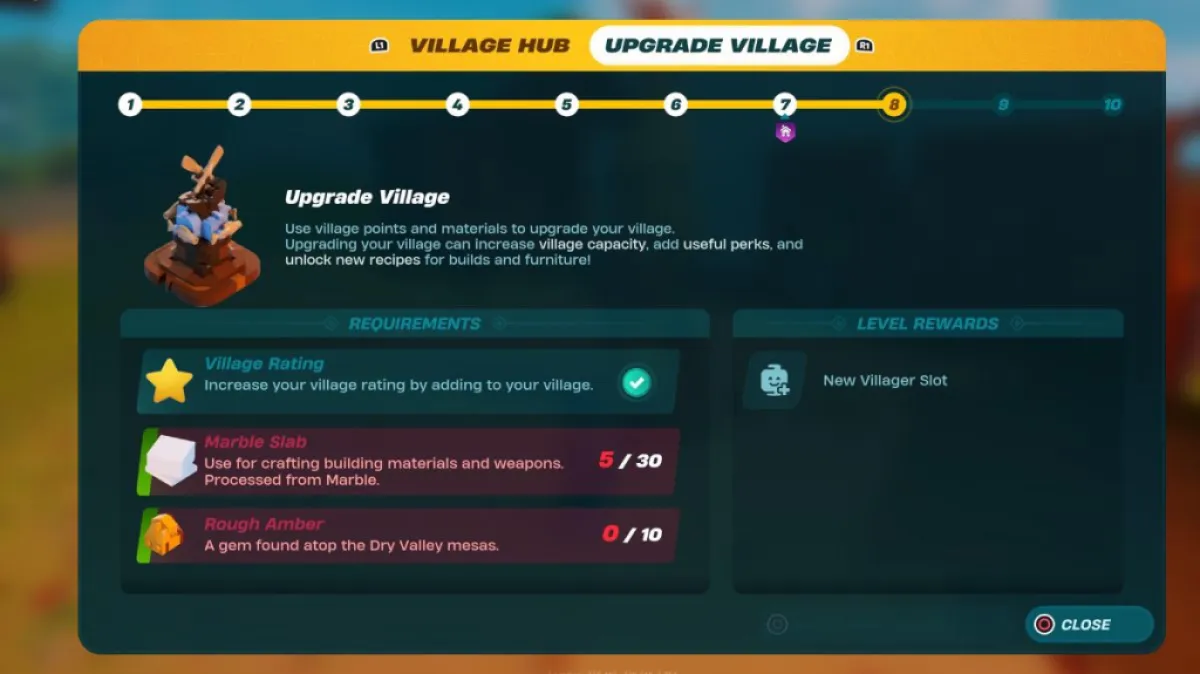 Upgrading the Village with Marble in LEGO Fortnite.