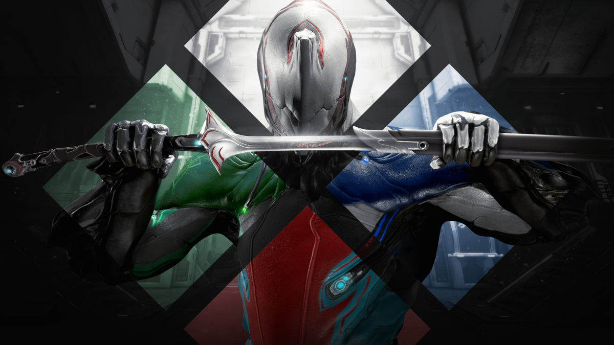 This image shows a Tenno with four colored diamonds on them in Warframe.