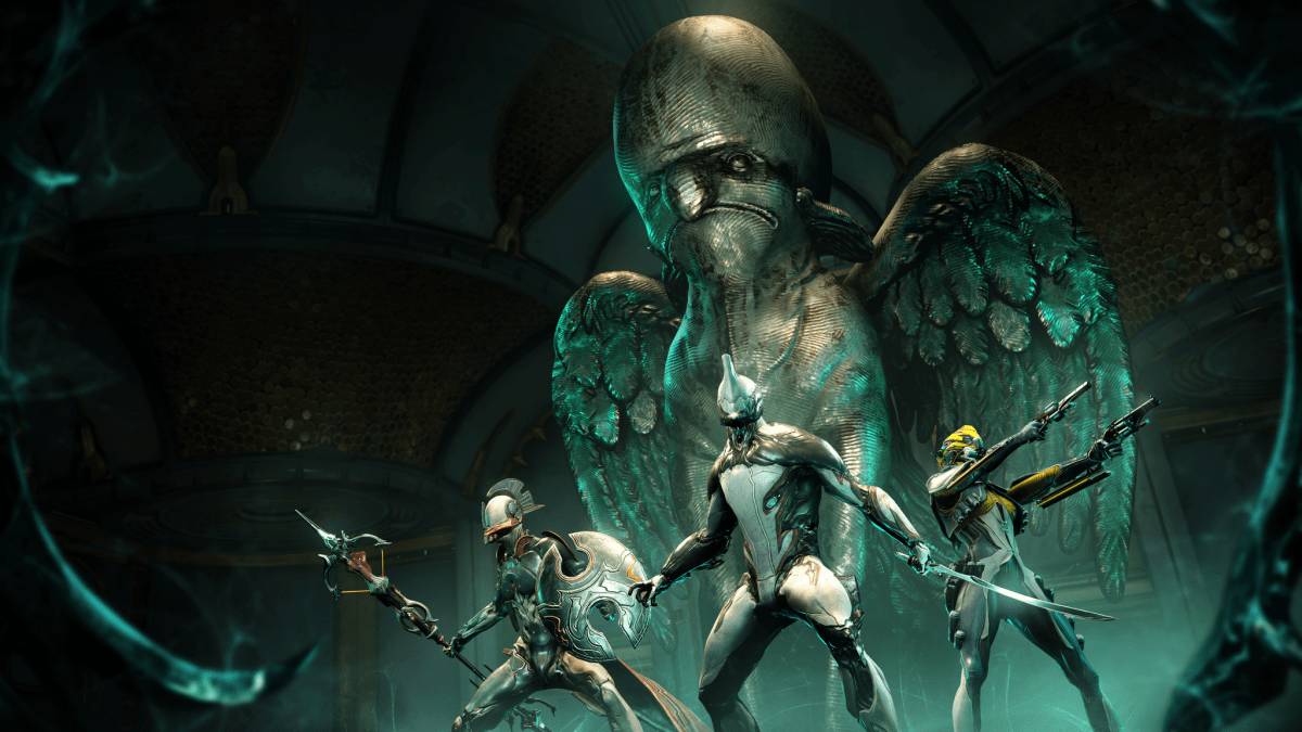This image shows three Tenno in front of a very odd-looking gargoyle in Warframe. 
