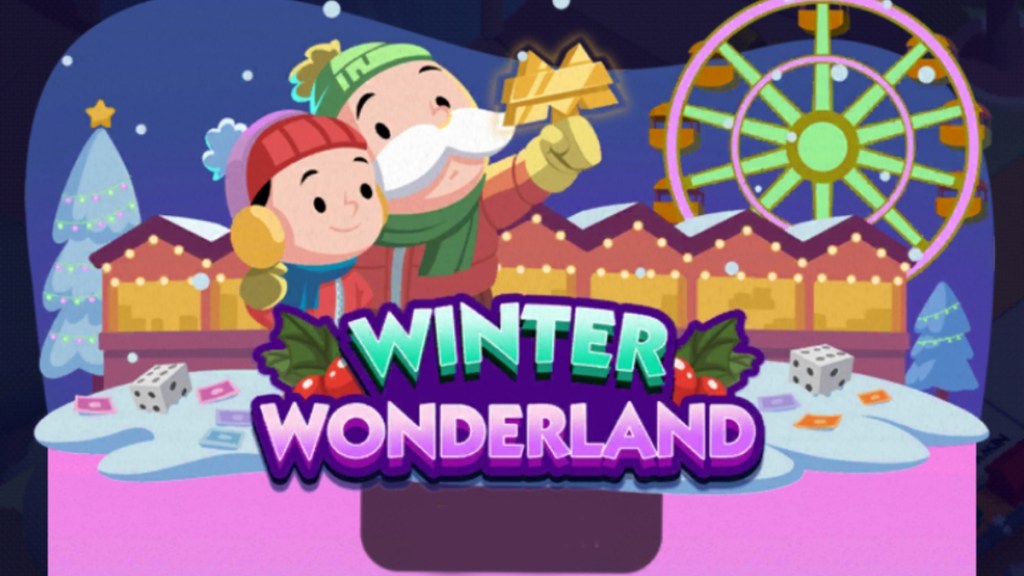 Un encabezado para el evento Winter Wonderland en Monopoly GO que muestra al tío rico Pennybags sosteniendo a un niño y mirando una M dorada.