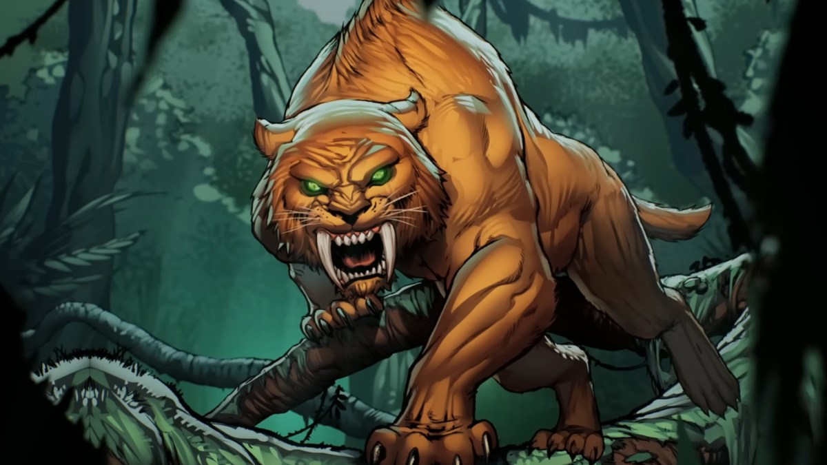 zabu the orange panther roaring in a jungle