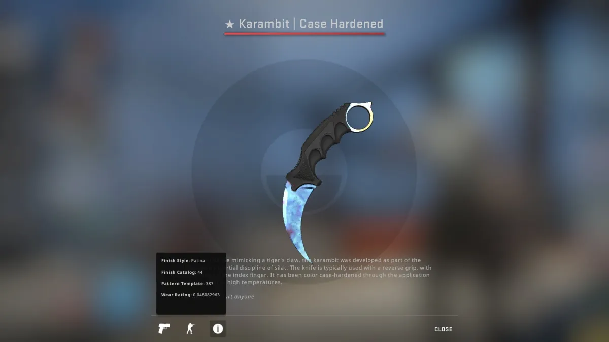 The Karambit Case Hardened Blue Gem in CS2. This image is part of an article about the most expensive skins ever in Counter-Strike 2 (CS2).