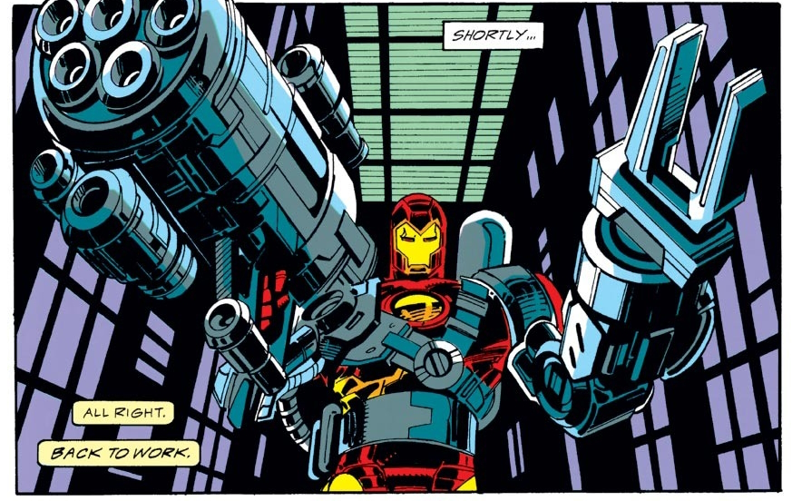 Iron Man holding his Acid Cannon in Marvel Comics.  This image is part of an article about 7 obscure moments in Marvel history that were immortalized in video games.