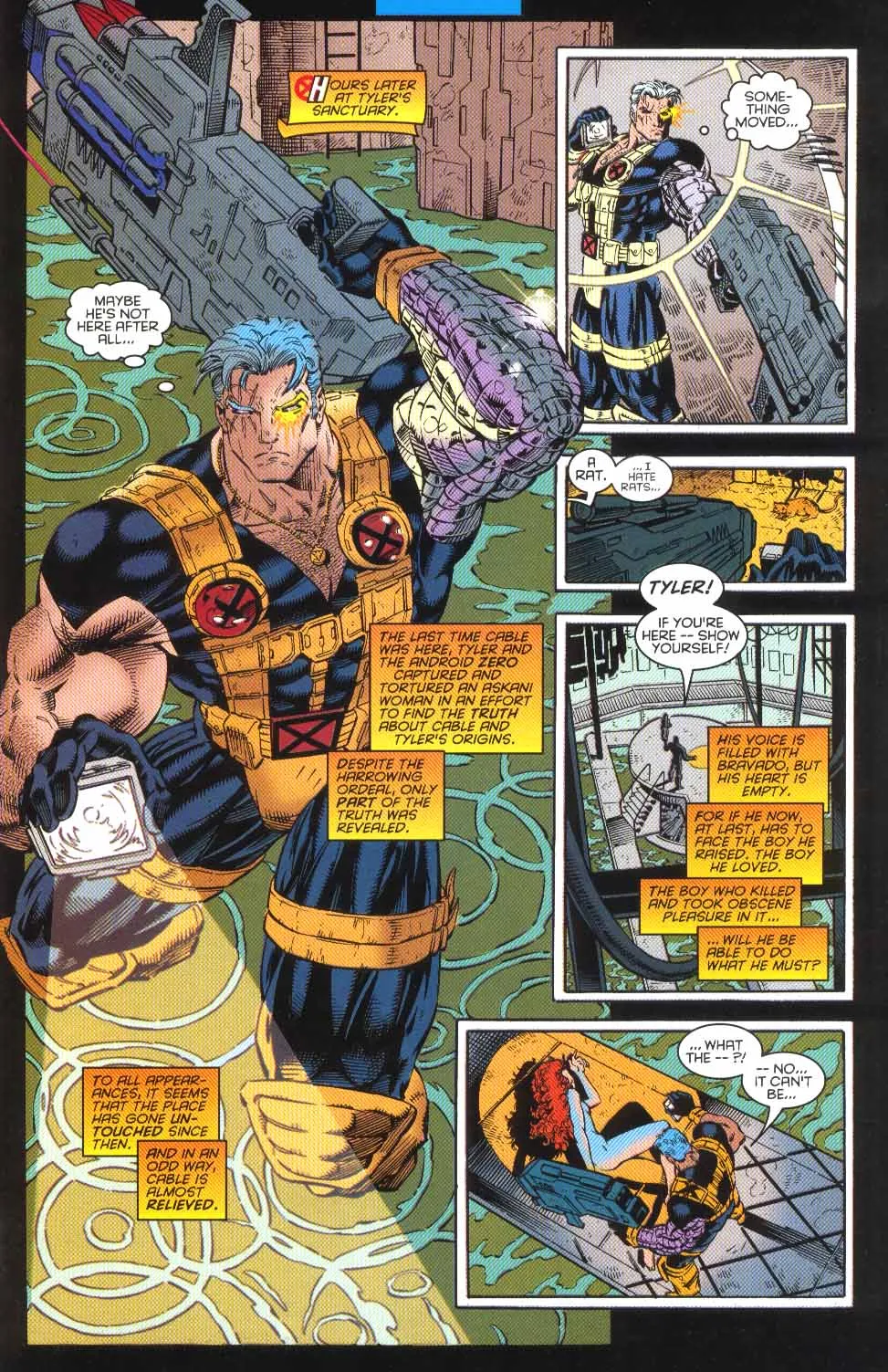 Cable holding a gun in Marvel Comics .  This image is part of an article about 7 obscure moments in Marvel history that were immortalized in video games.