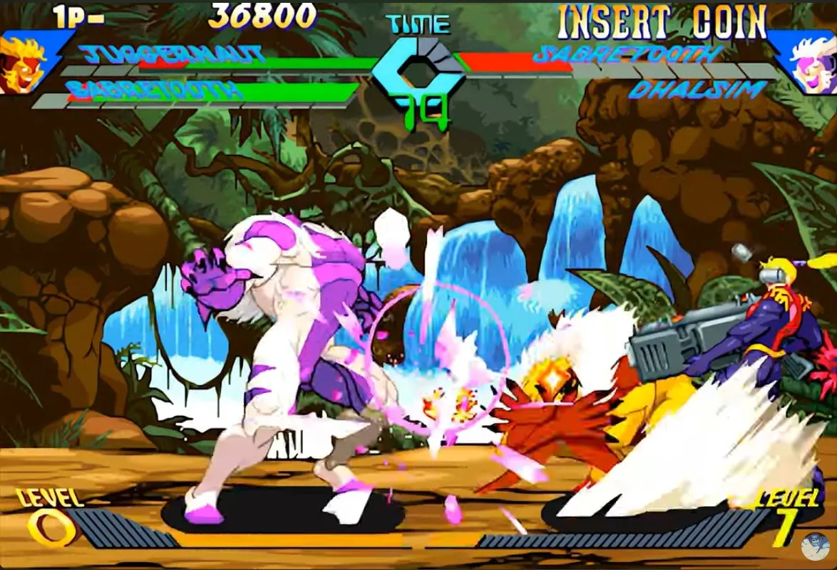 Sabertooth fighting Juggernaut in Marvel vs. Capcom.  This image is part of an article about 7 obscure moments in Marvel history that were immortalized in video games.