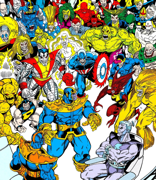 Heroes surrounding Thanos in Marvel Comics.  This image is part of an article about 7 obscure moments in Marvel history that were immortalized in video games.