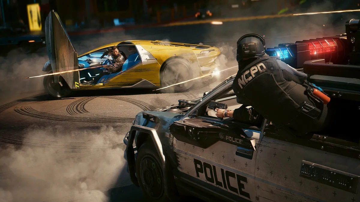 Image of man in yellow sports car being shot at by police in car chase in Cyberpunk 2077 artwork.