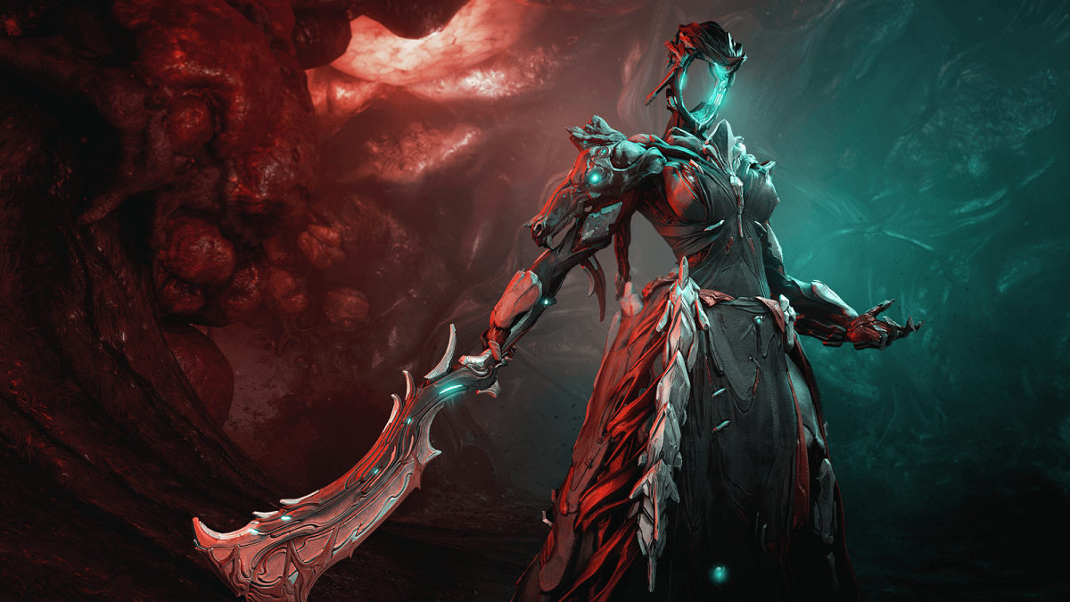 Image of female humanoid machine, Dagath, in black and holding a curved sword in Warframe artwork.