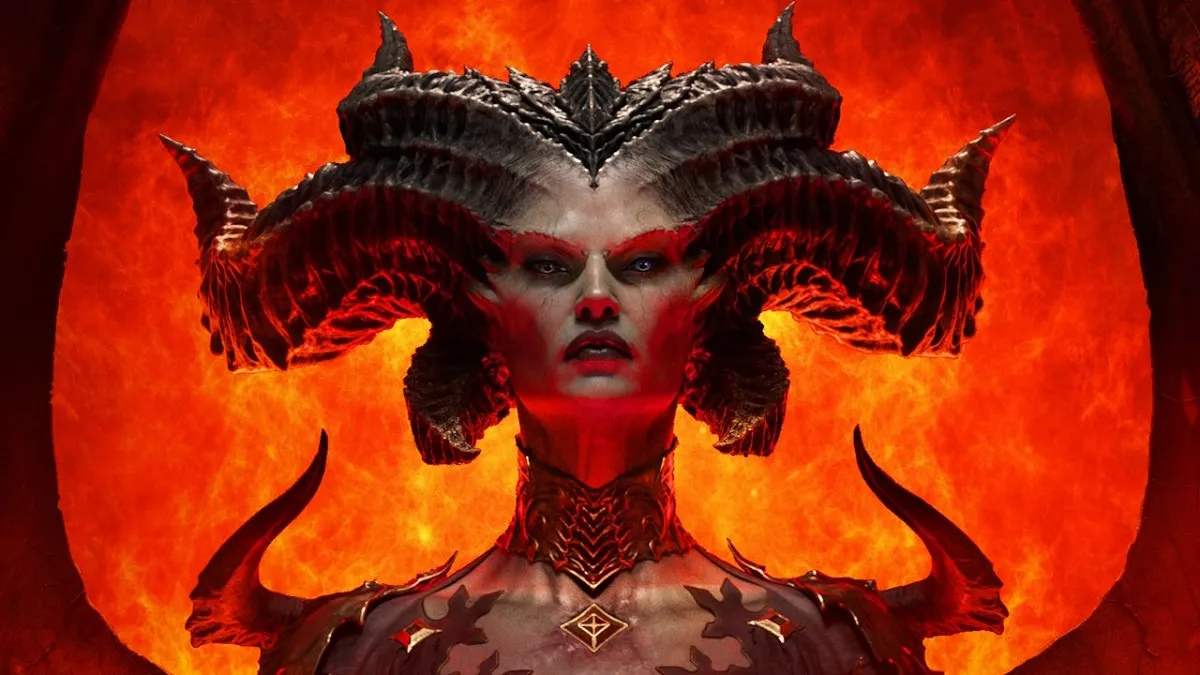 Image of demonic-looking lady with horns in her head standing in front of hellfire.