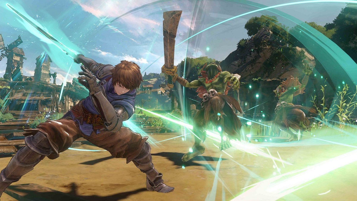 Image of brown-haired man with sword slashing through a beast-like humanoid in Granblue Fantasy: Relink.