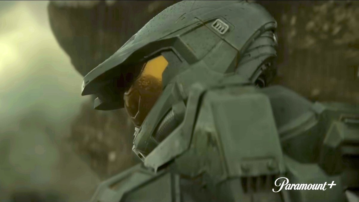 A shot of Master Chief's helmet from the Halo Season 2 trailer.