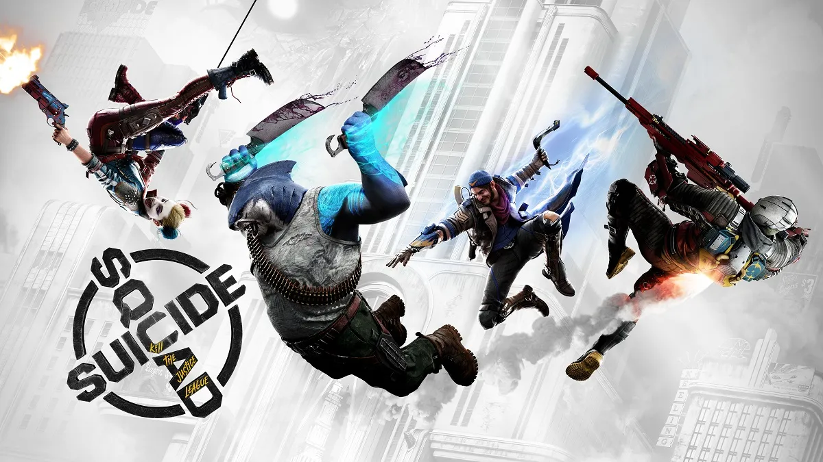 Image of Suicide Squad characters falling through the sky with weapons in Kill the Justice League keyart.