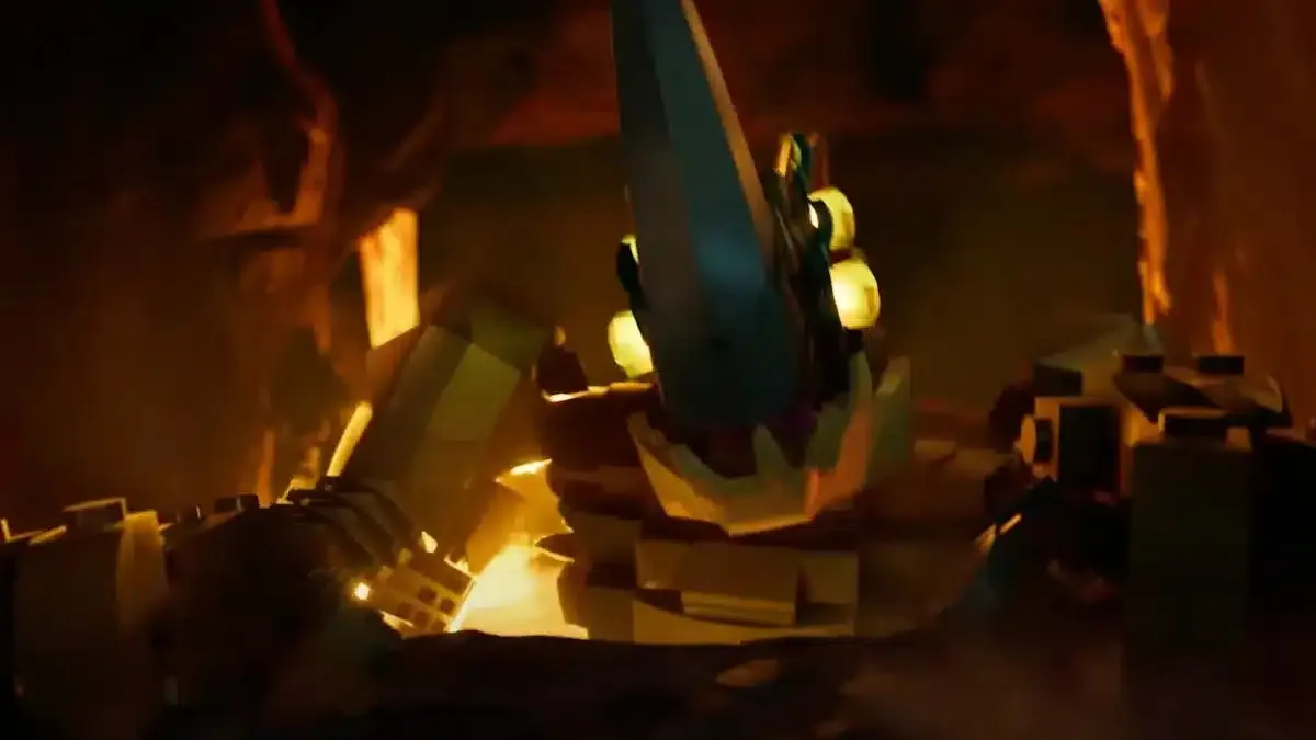 A Brute coming up from lava in LEGO Fortnite.