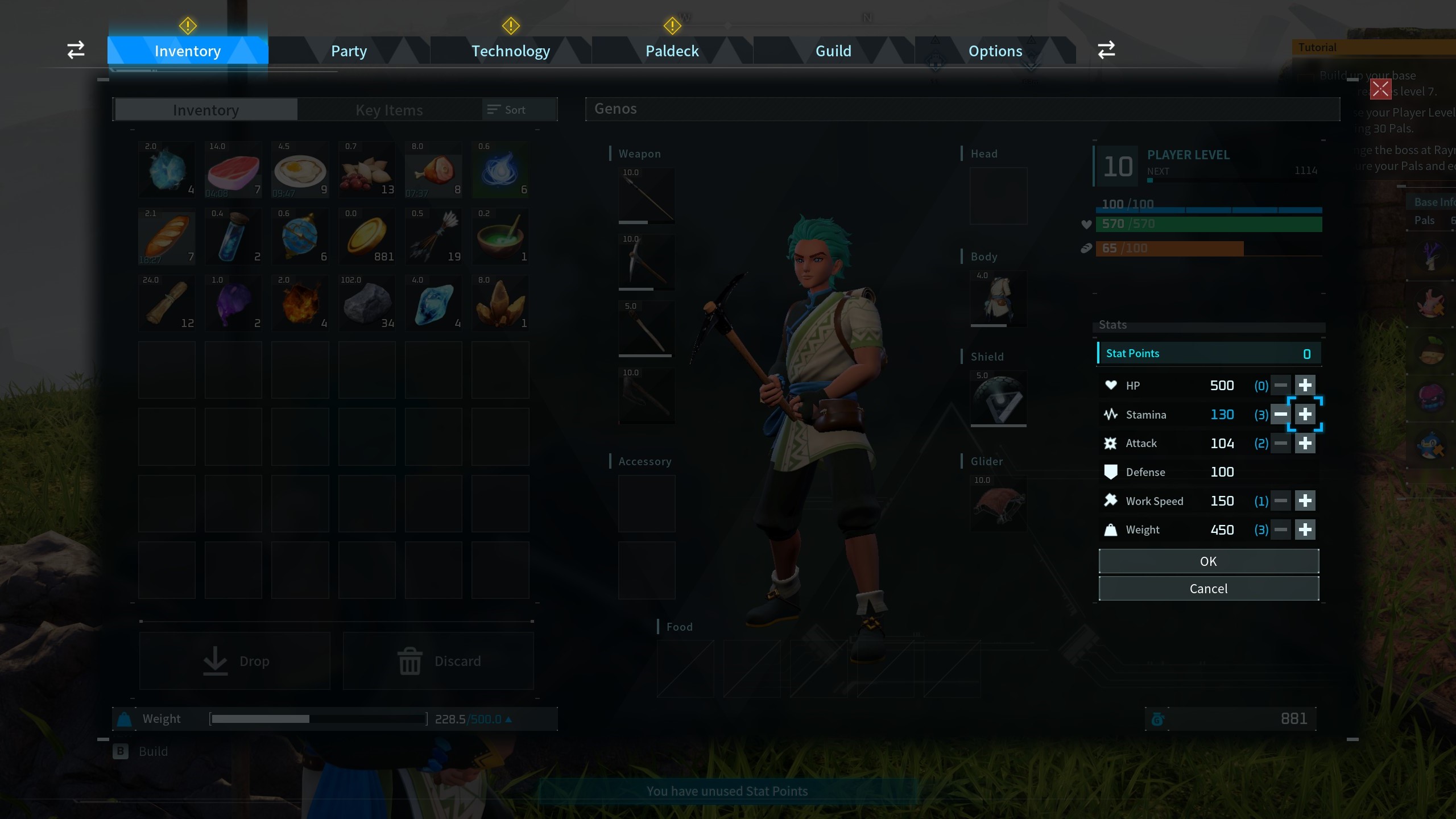 The Inventory menu in Palworld. This image is part of an article about how to level fast and increase stamina in Palworld. 