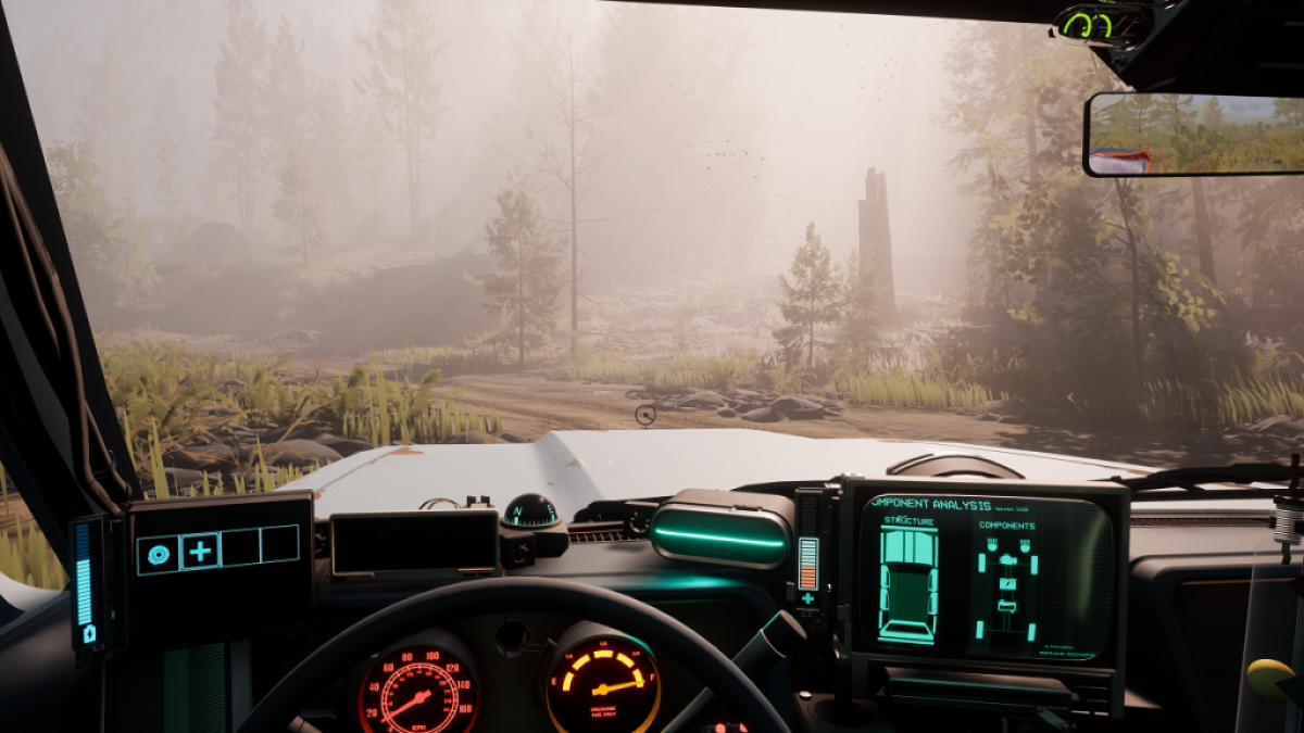 Image of a player behind the wheel of a parked station wagon in the wilderness at sunrise.