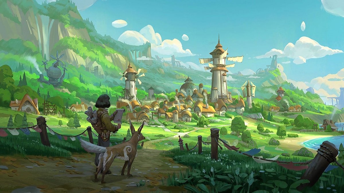 Image of girl in traveling clothes next to a fox overlooking a sunny town in Palia artwork.