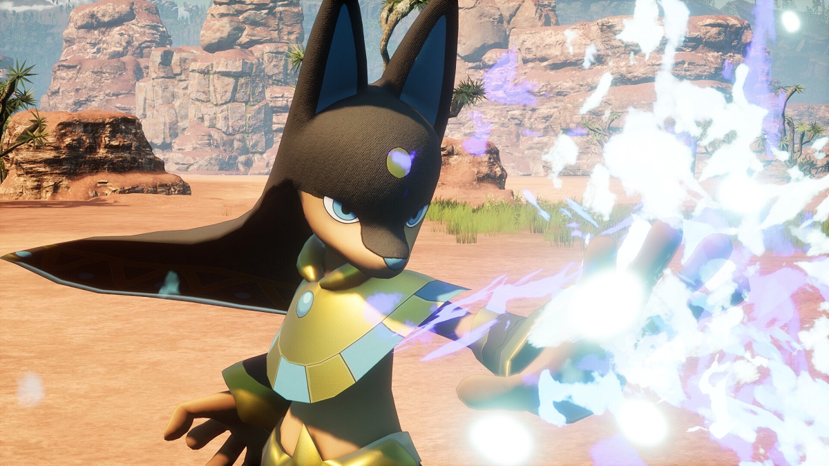 Image of anubis-like creature in gold and black using an ice ability in Palworld in the desert area. This image is part of a guide on how to get and farm coal in Palworld.