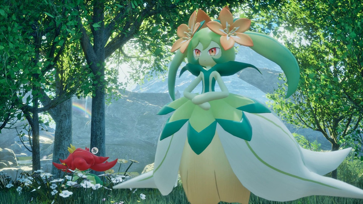 Image of green and flowery Pokemon-like creature standing in a forest in Palworld. This image is part of an article about how to cure pals with an Ulcer in Palworld. 