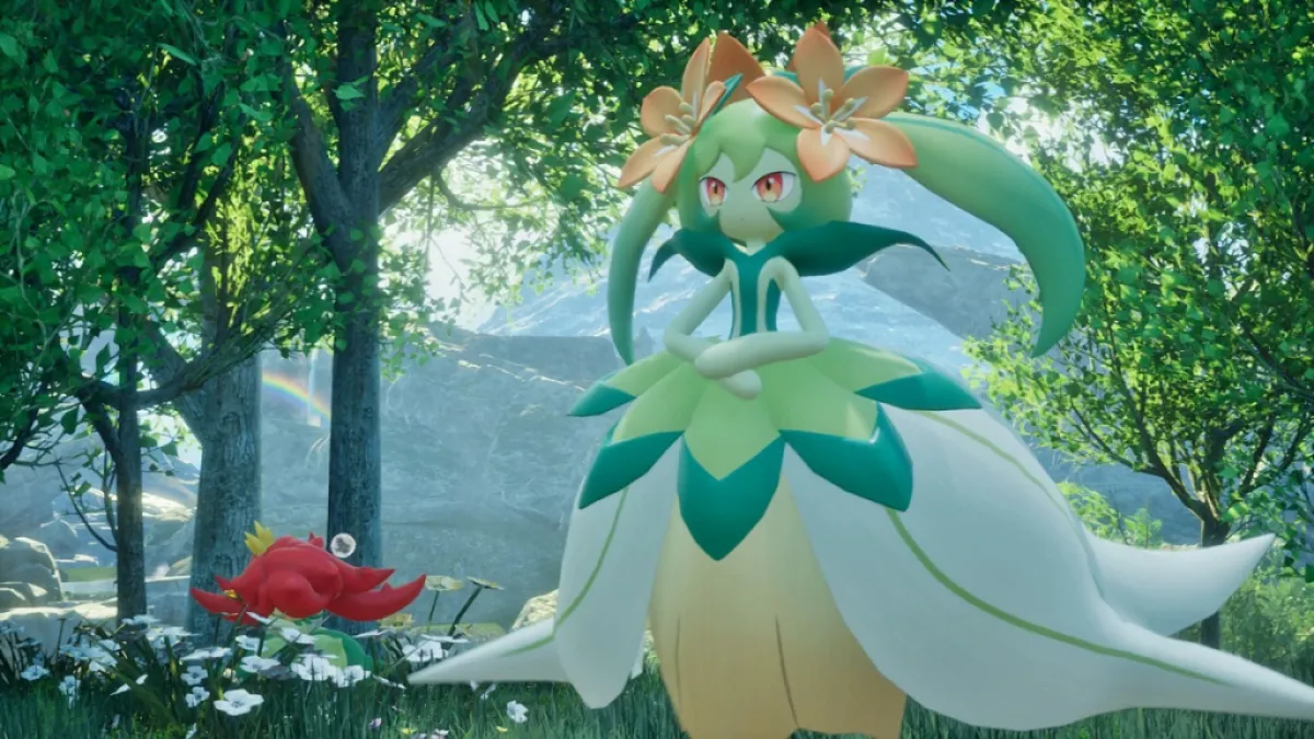Изображение зеленого и цветочного существа, похожего на покемона, стоящего в лесу в Palworld.