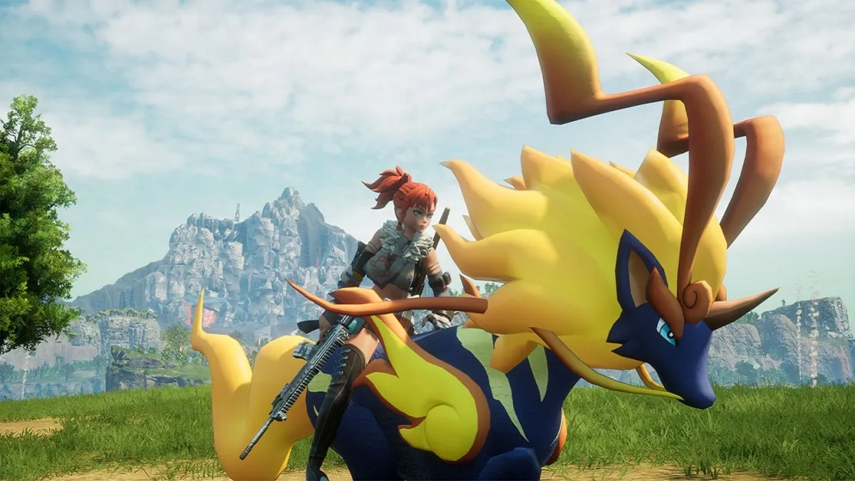 Image of anime character in traveling gear riding a deer-like yellow creature through green fields in Palworld.