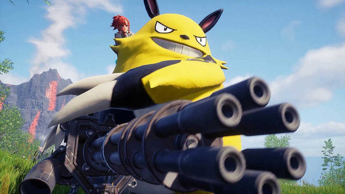 Image of yellow bear-like creature with gatling gun with a human pointing a gun on top of it in Palworld. This image is part of an article about how to fast travel in Palworld.