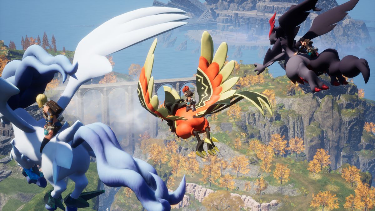 Image of traveling players riding flying colorful creatures through a fall-like forest in Palworld
