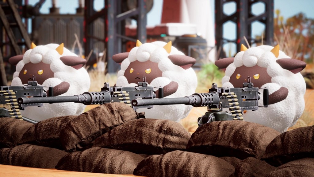 Imagen de criaturas ovejas blancas agachadas detrás de bandas de arena y armadas con ametralladoras.