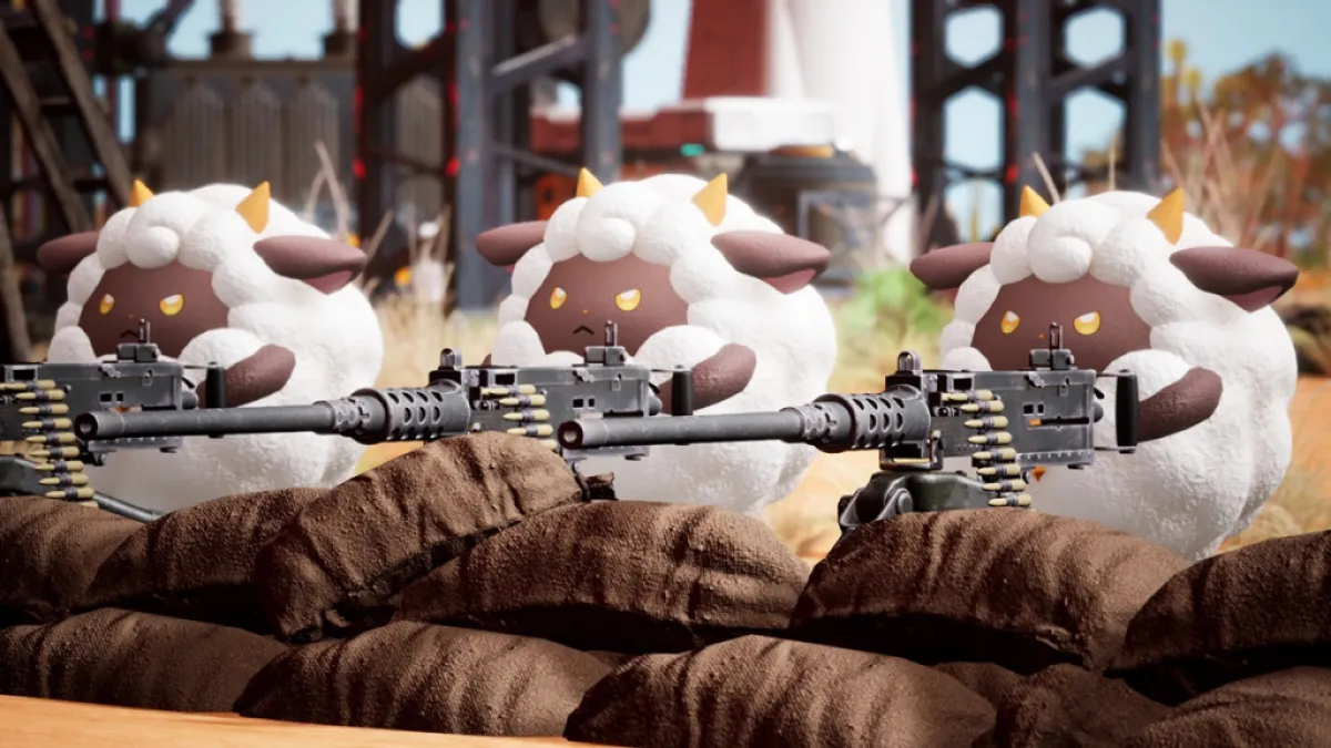 Image of white sheep creatures crouched behind sand bands and armed with machine guns.