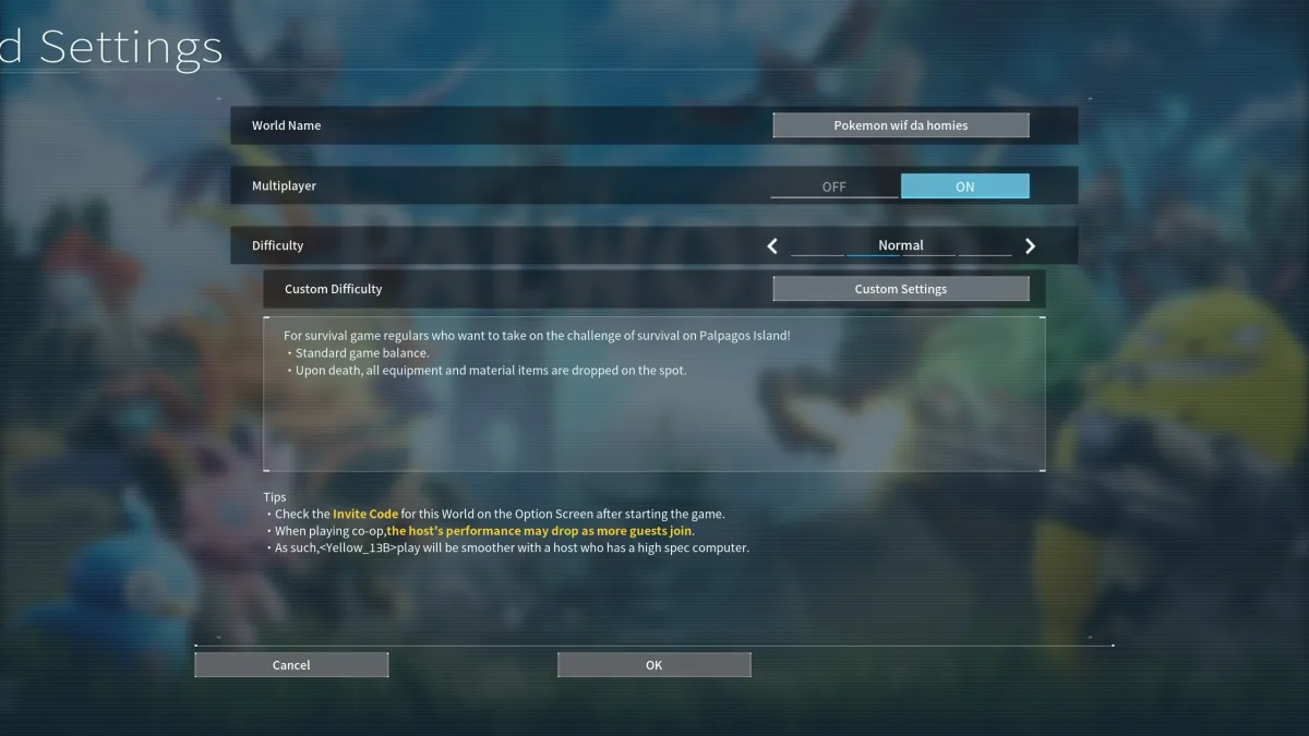 The settings menu in Palworld. This image is part of an article about how to play multiplayer co-op in Palworld. 