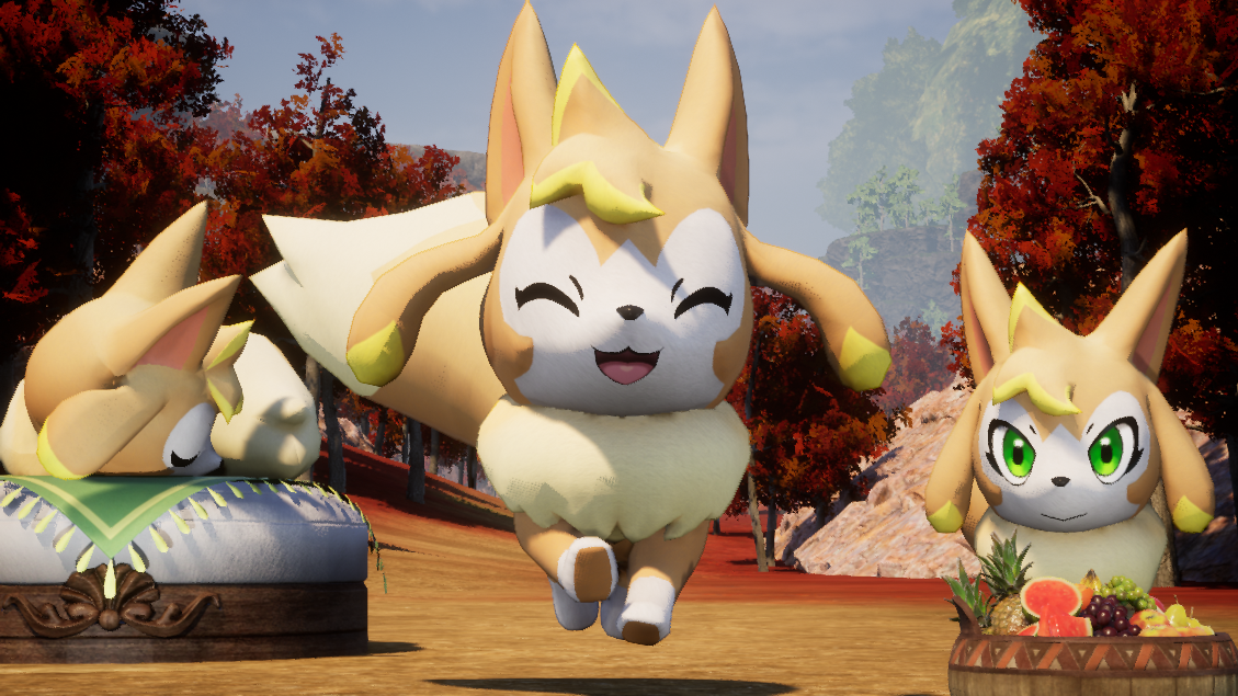 A pal running in Palworld. This image is part of an article about how to level fast and increase stamina in Palworld and another about how to build a Fluffy Pal Bed.