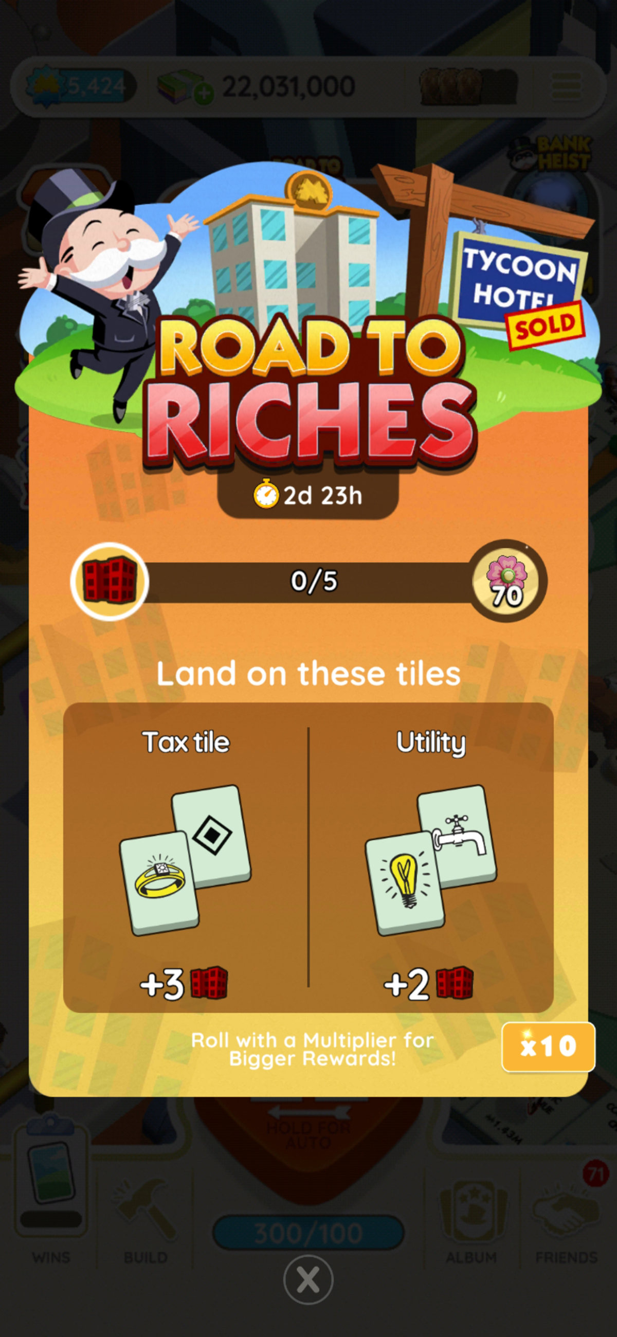 A header-sized image for the Road to Riches event in Monopoly GO showing Mr. Monopoly jumping up next to an image of a hotel. The image was used as part of an article on all the rewards and prizes you can get for the Road to Riches event by hitting milestones in Monopoly GO, listed.