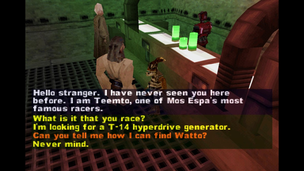 Qui-Gon talking to an NPC. This image is part of an article about how The Phantom Menace Evokes the Goofy, Lost Joy of Loose Star Wars Tie-Ins