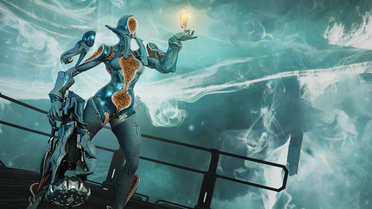 Image of female humanoid machine, Citrine, holding up a glowing crystal in Warframe artwork.