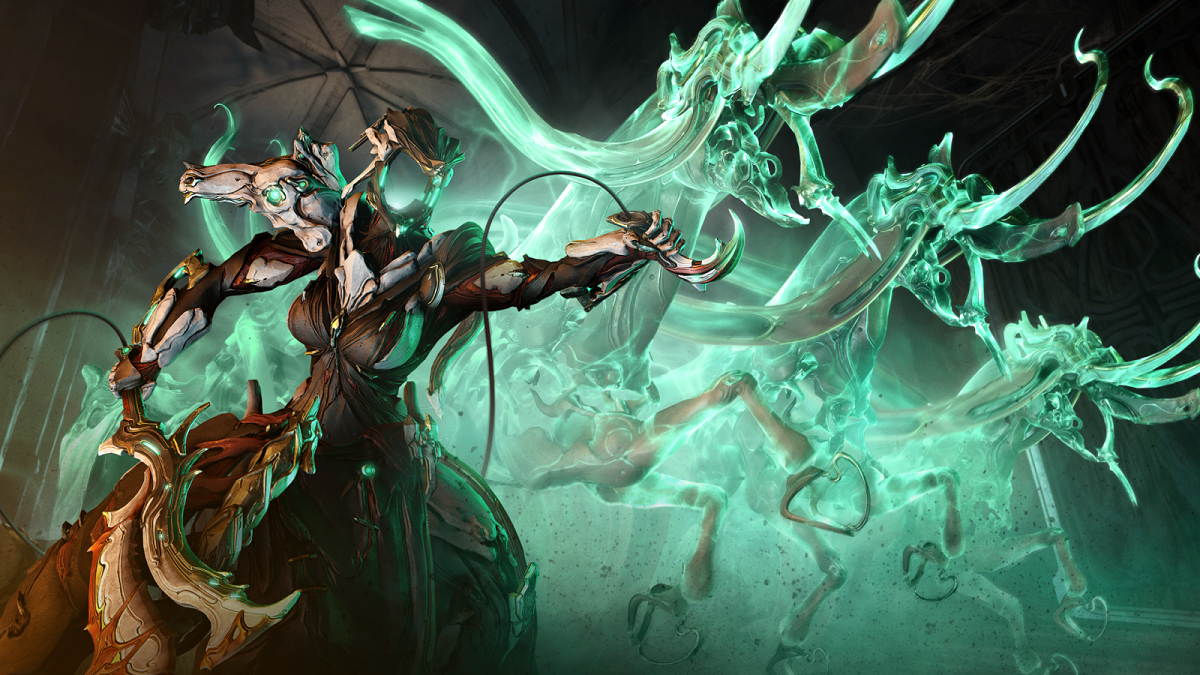 Image of a robotic lady in black summoning a ghostly mob of green creatures to attack.