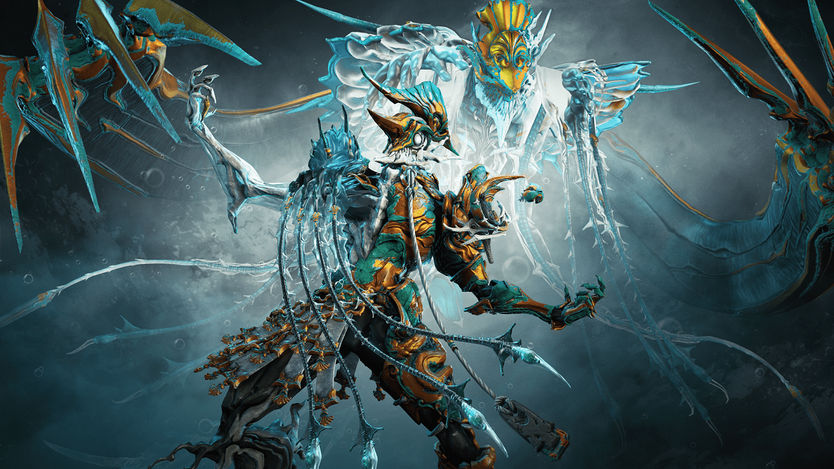 Image of humanoid machine in gold and green armor standing in front of a dragon-like machine in Warframe artwork.