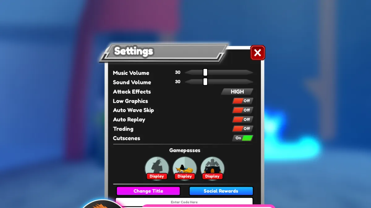 An image from All Star Tower Defense in Roblox showing the settings menu as part of an article on all the codes for the game.
