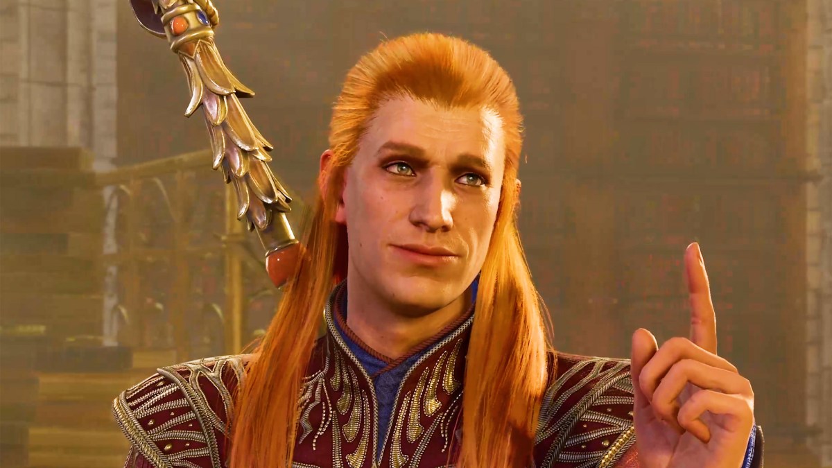 A ginger-haired man with a sword on his back, pointing upwards with his finger. This image is part of an article about all the patch notes for Baldur's Gate 3 Hotfix #16.