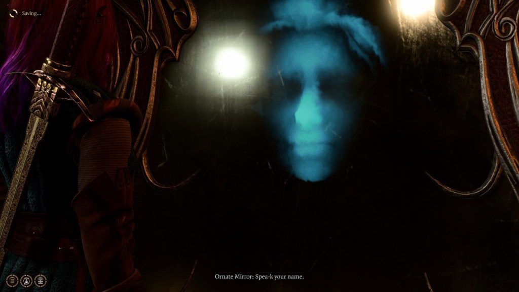 The ornate mirror questions the player. This image is part of an article about how to get Balsam Ointment in Baldur's Gate 3 (BG3).