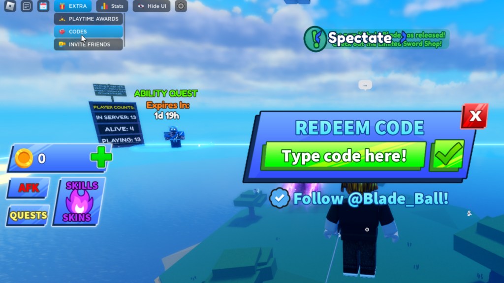 An image showing the main screen for Blade Ball in Roblox between matches. The image shows the menu open for redeeming code and the article is part of a list of all codes for Blade Ball in Roblox.