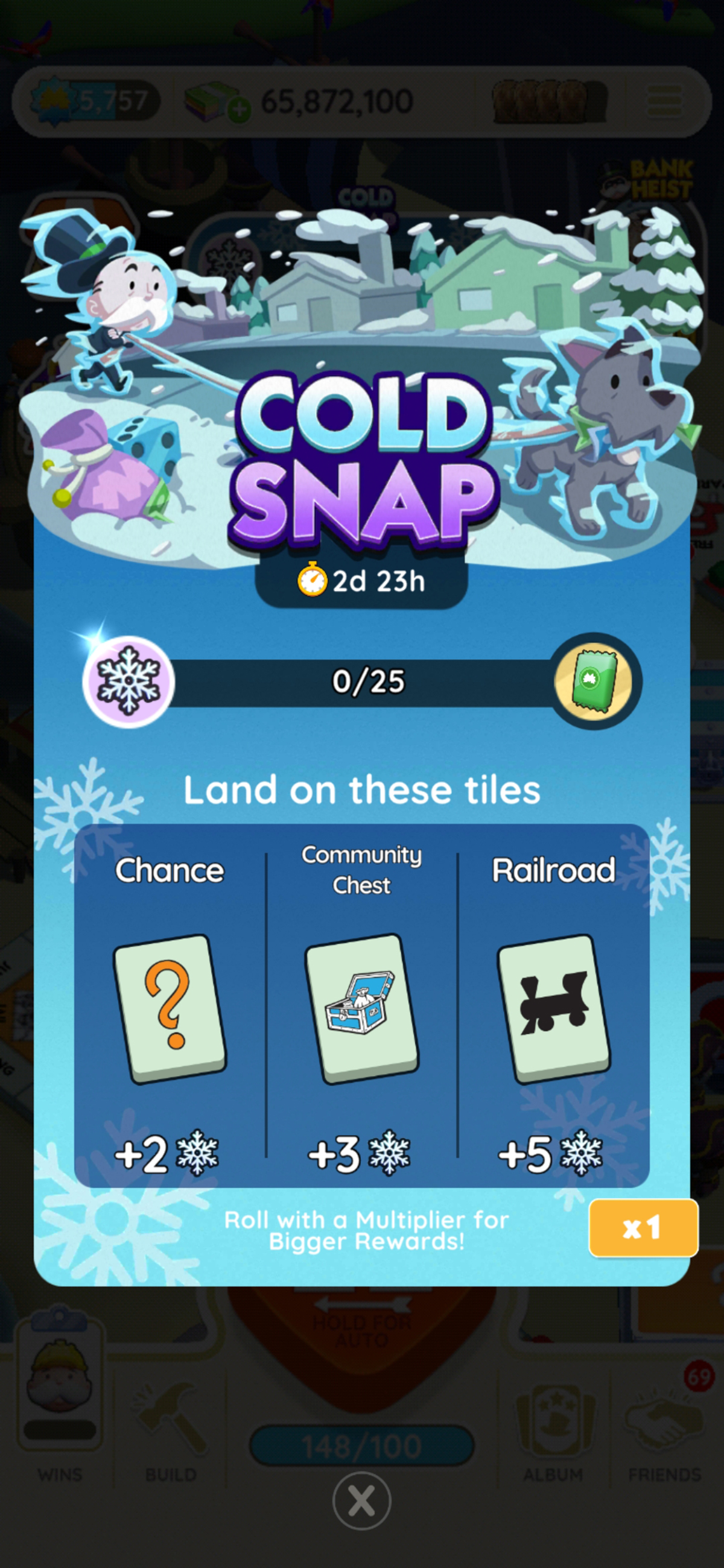 An image for the Cold Snap event in Monopoly GO showing a frozen Mr. Monopoly taking his frozen dog for a walk in a snow storm. The image is part of an article on all the rewards and prizes you can get for hitting the milestones for the Cold Snap event in Monopoly GO.