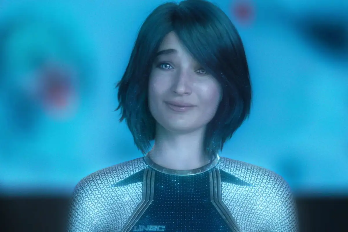 Cortana smiles at Master Chief. This image is part of an article about all the major actors and the cast list for Halo Season 2.