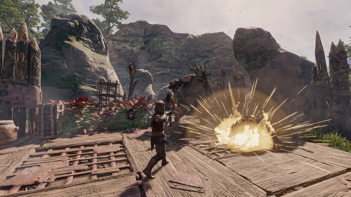 A player shooting an explosive arrow in Palworld